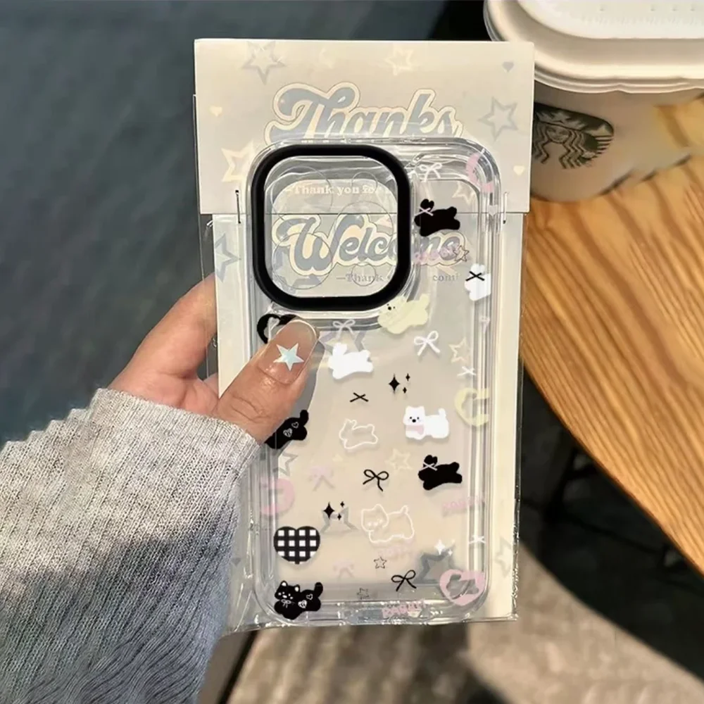 Funda de teléfono Corea Ins Cute Puppy Stars para iPhone 16e 15 14 13 12 11 Mini Pro Max X XR XSMax 7 8 Plus, parte trasera de TPU suave transparente