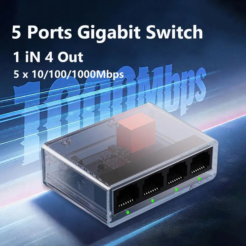 Conmutador Ethernet Gigabit de 5 puertos, divisor Ethernet 1 a 4 1000Mbps, divisor de Cable de Internet 1 en 4 salida de red de conmutador de alta velocidad