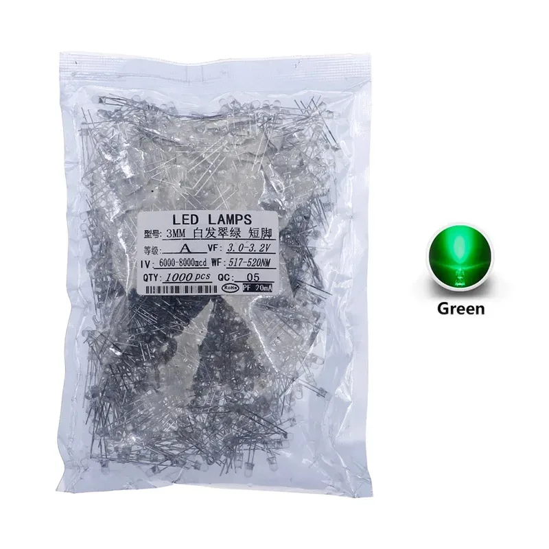 1000 unids/lote 3mm LED azul verde amarillo rojo blanco redondo LED diodo surtido kit set - imagen 5