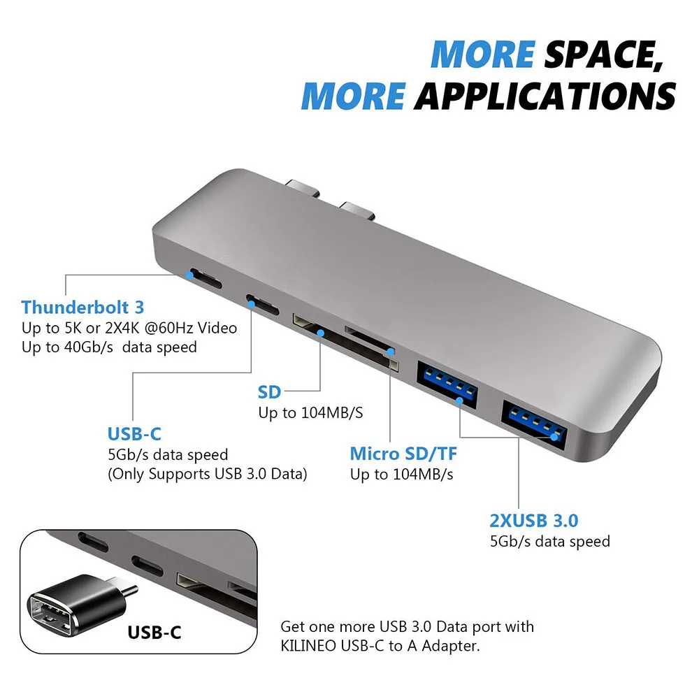 Adaptador de estación de acoplamiento USB C Hub 6 en 1 para Macbook Pro air 2016 2017 2018 2019 2020 2022 13 pulgadas 15 pulgadas - imagen 4
