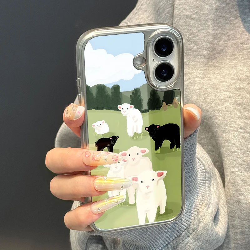 Funda de teléfono anticaída de TPU epoxi con borde plateado de ovejas blancas y ovejas negras para iPhone XR/11/12/13/14/15/16/17 Pro Max - imagen 2