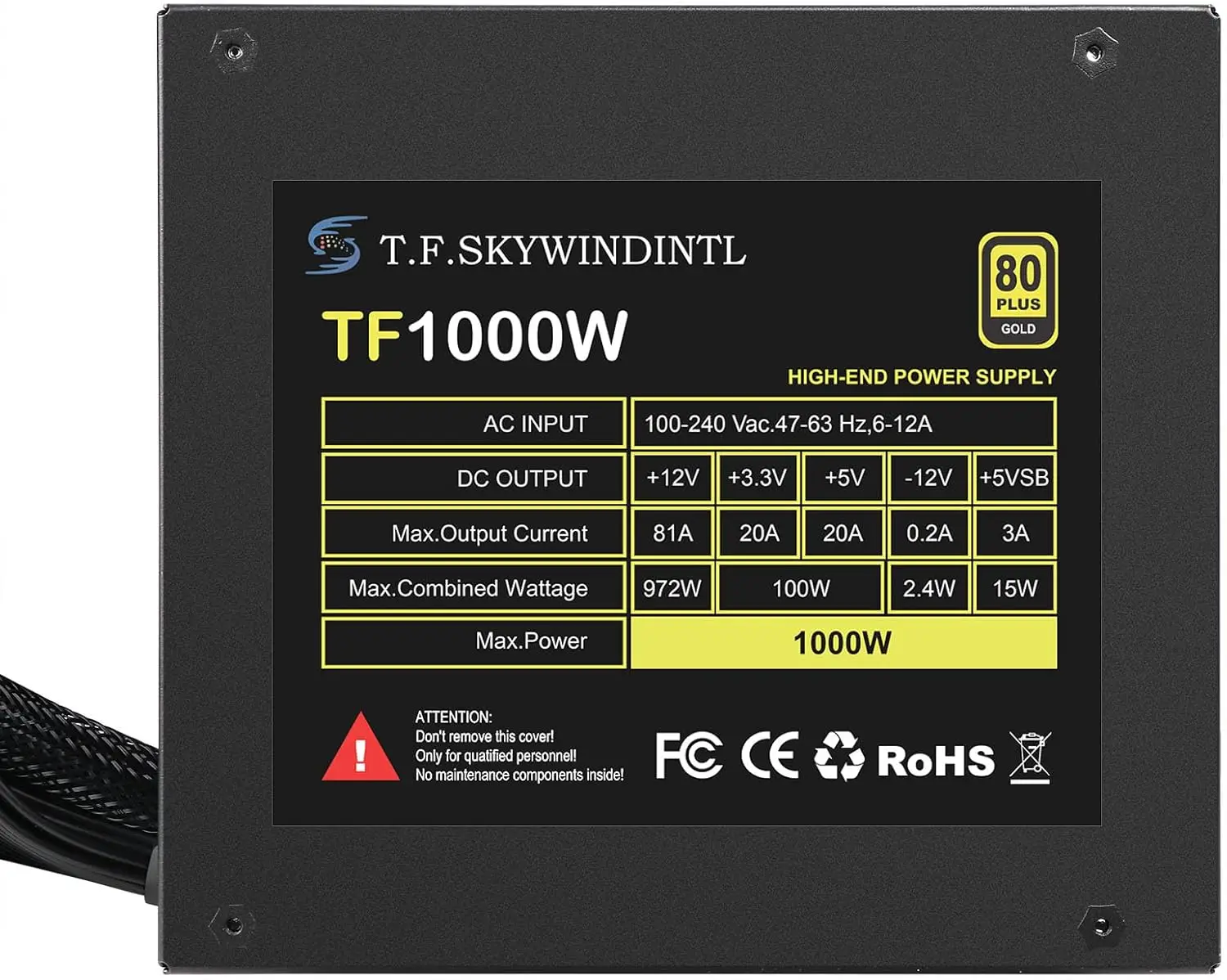 T.F.SKYWINDINTL Fuente de alimentación de 1000 W Voltaje total 100-240 V PFC activo PSU para juegos Fuentes de alimentación para computadora no modulares 80 Plus Gold - imagen 3