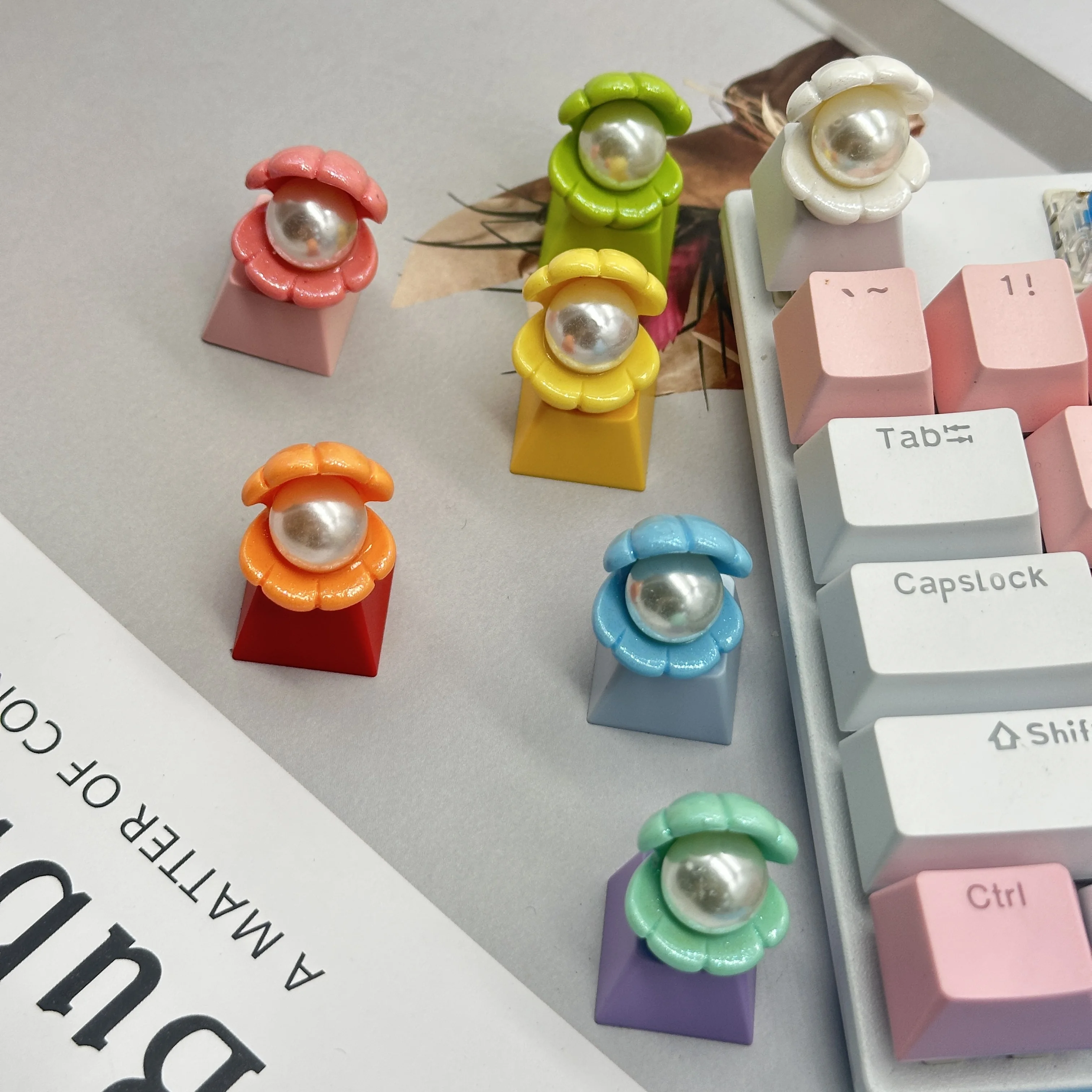 DlY-teclas de resina con concha de perla abierta, teclado mecánico de eje transversal, macarrón individual rosa