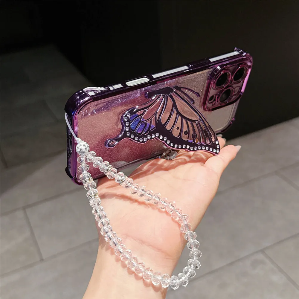 Redmi Note 14 Pro 5G a prueba de golpes brillo mariposa soporte funda para Xiaomi Redmi Note 14S 13 14 Pro Plus cubierta de cadena de cristal - imagen 5