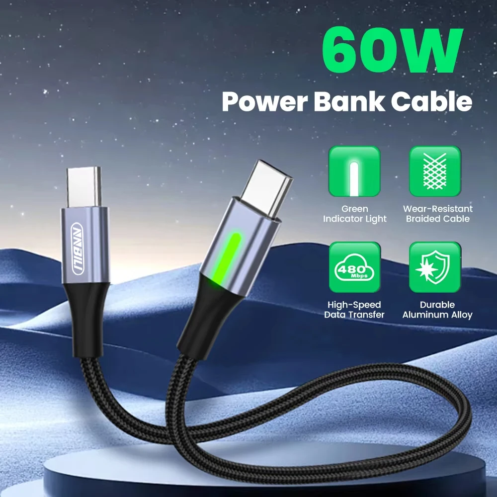 NNBILI 60W carga súper rápida USB USB C a tipo C 0,25 m-0,5 m banco de energía Cable corto iluminación Cable de teléfono para Iphone 16 17 Samsung - imagen 3
