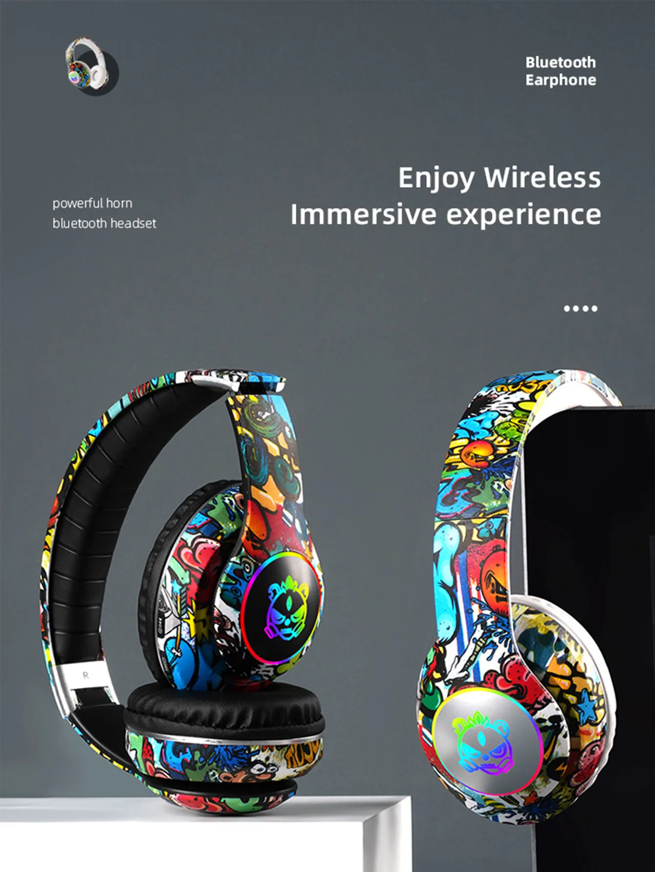 Auriculares plegables de moda Auriculares Bluetooth, diseño de graffiti, botón conveniente integrado, auriculares Bluetooth con luces de colores frescos - imagen 2