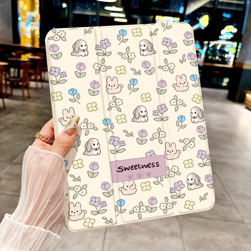 Funda con pequeños conejos y estampados florales para iPad pro 10/11 pulgadas 2020/6/7a/8a /Air 3a/Air 4a/9a generación/Air 5a generación 2022/Air 11