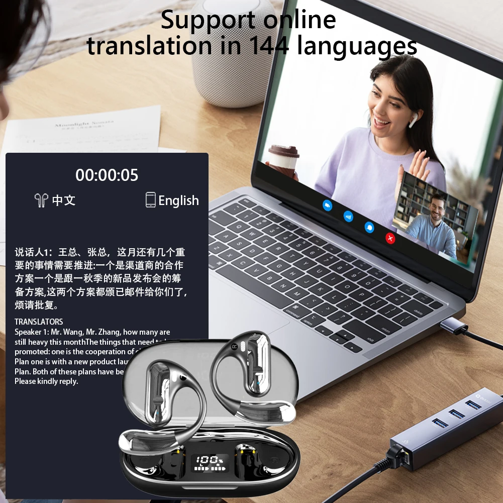 Auriculares con traductor AI de 144 idiomas, compatibles con Bluetooth 5,3, auriculares estéreo con gancho para la oreja, dispositivo de traducción con cancelación de ruido - imagen 3