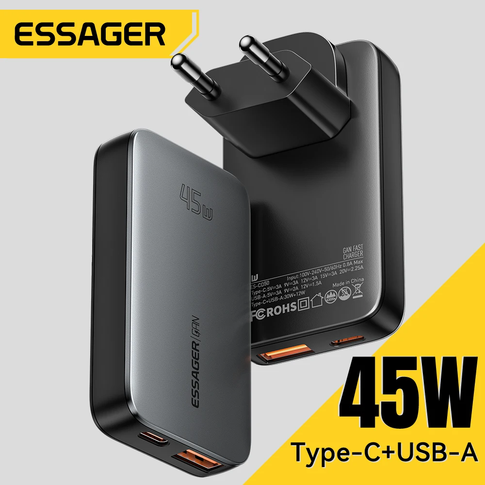 Essager 45W GaN cargador USB tipo C PD3.0 carga rápida para tableta MacBook QC4.0 3,0 cargador de teléfono para iPhone16 15 14 Xiaomi Huawei