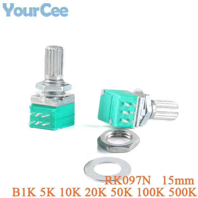 2 unids/lote RK097N potenciómetro de sello de amplificador de Audio único 3P 15mm de longitud B1K 5K 10K 20K 50K 100K 500K con tuerca de junta