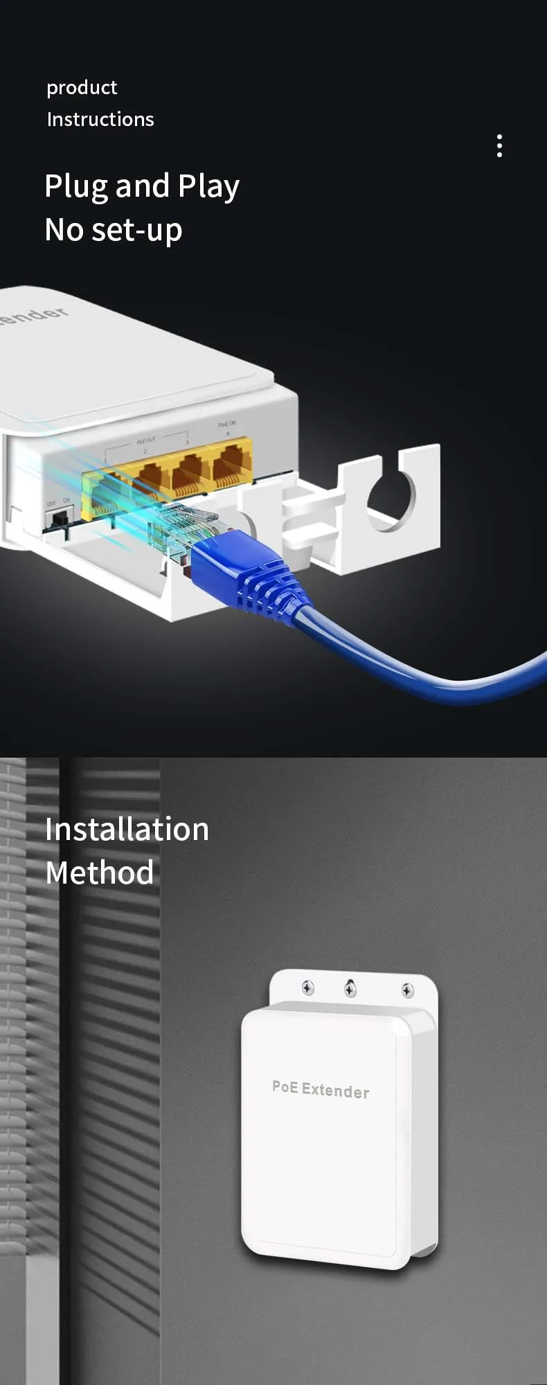 Hisource Repetidor POE impermeable IP55 de 4 puertos 100Mbps 1 a 3 Conmutador de red Extensor PoE para cámara IP - imagen 5