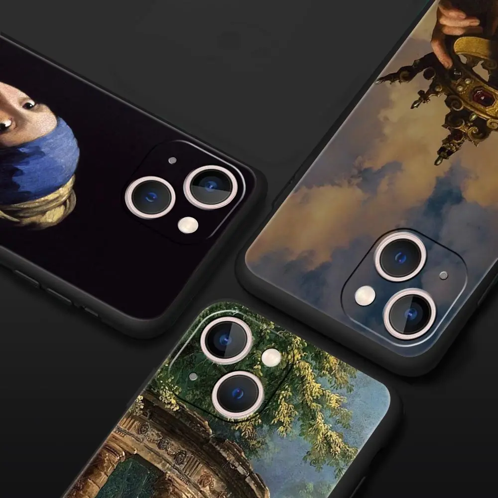 Pintura de arte renacentista para iPhone 11 12 13 15 14 Pro Max Funda de teléfono X XR XS 7 8 Plus SE 2020 Funda suave negra de lujo - imagen 2