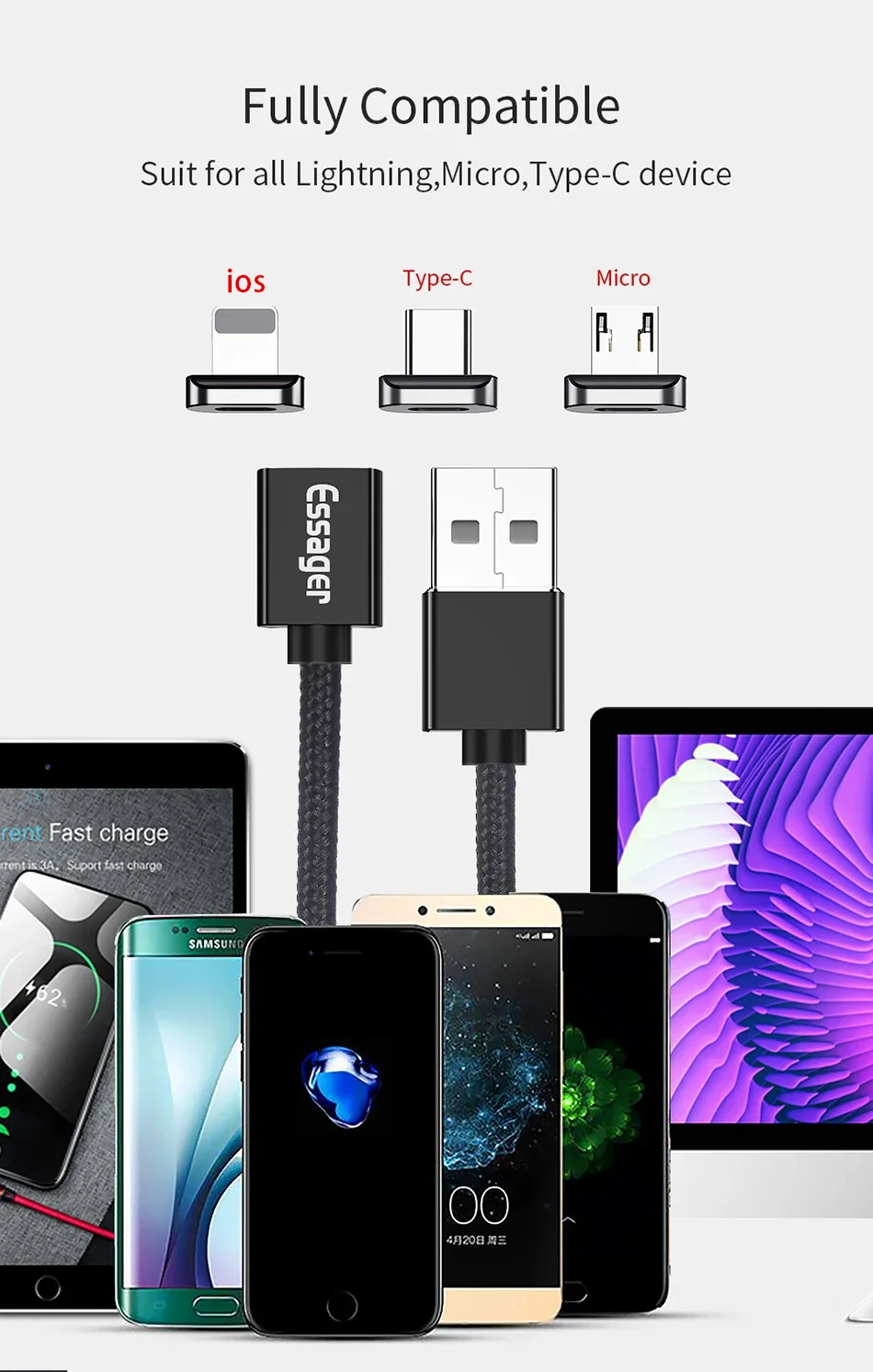 Esquema de compatibilidad del cable USB C magnético Essager 3A