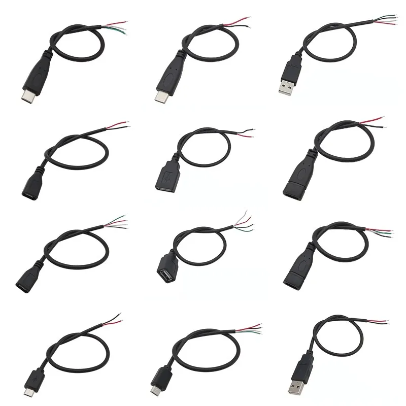 Fuente de alimentación USB macho y hembra, Conector de cargador, 2 pines, 4 pines, Micro USB 2,0 A, tipo C, Cable de reparación de bricolaje, soldadura
