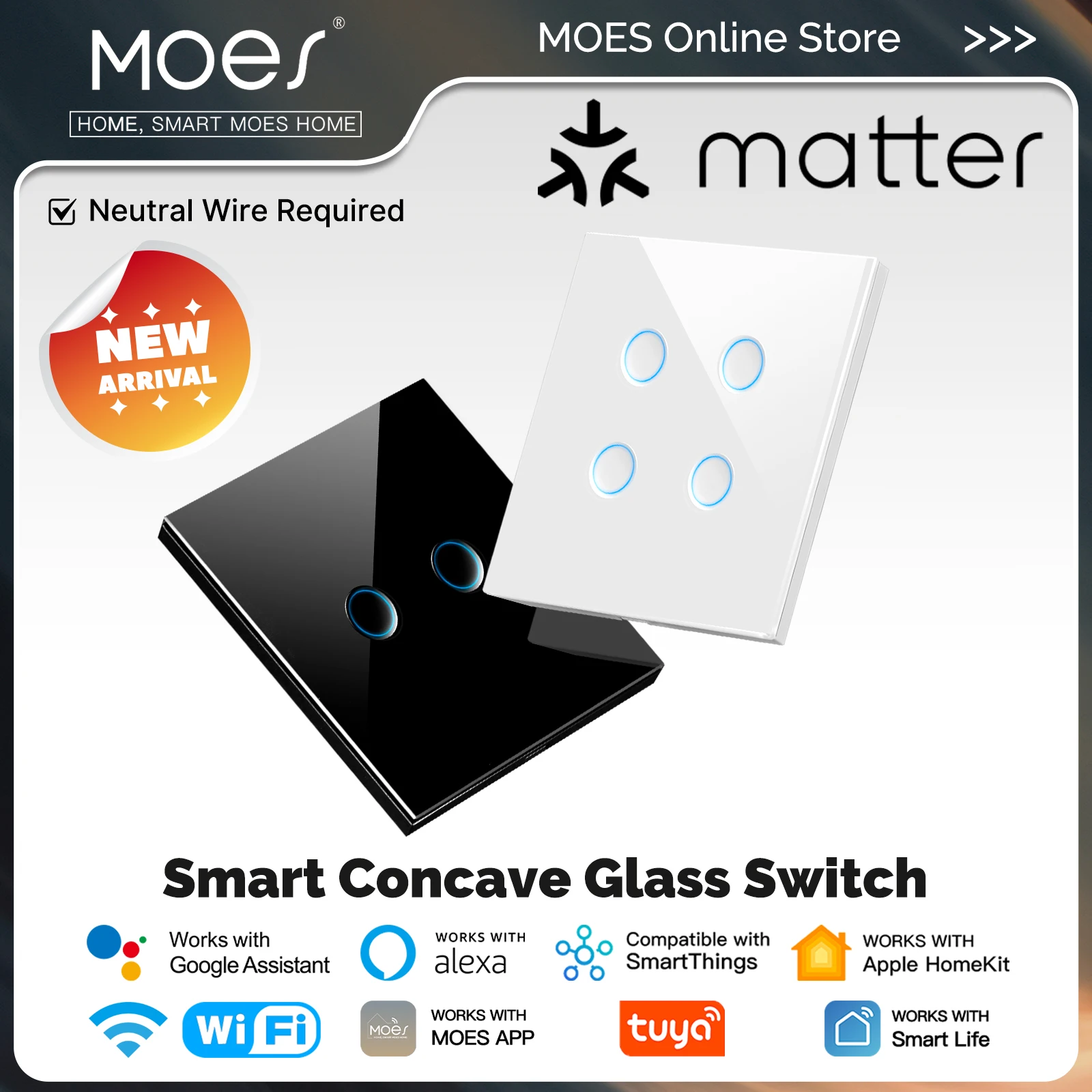 MOES Tuya Matter WiFi Panel de vidrio cóncavo inteligente interruptor de luz cable neutro requerido con Alexa Google Home Apple Home Smartthings - imagen 2