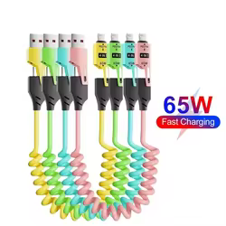 65W 4 en 1 Cable de datos corto de resorte 6A USB tipo C resorte telescópico cargador rápido Cable USB de resorte para iPhone iPad MacBook