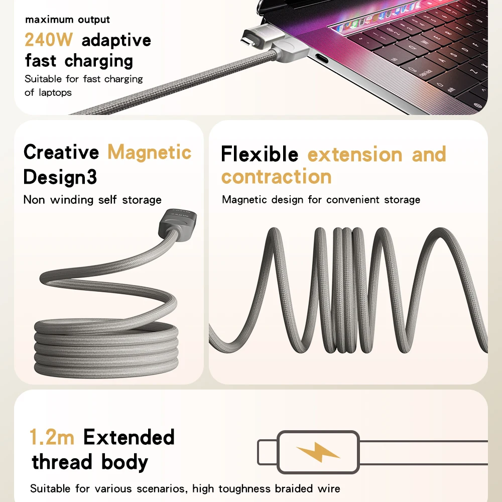 Cuatro en uno Cable de datos Nano de absorción magnética de 240W Cable de carga trenzado de carga rápida para Apple 16 15 14 para ordenador portátil Huawei - imagen 3