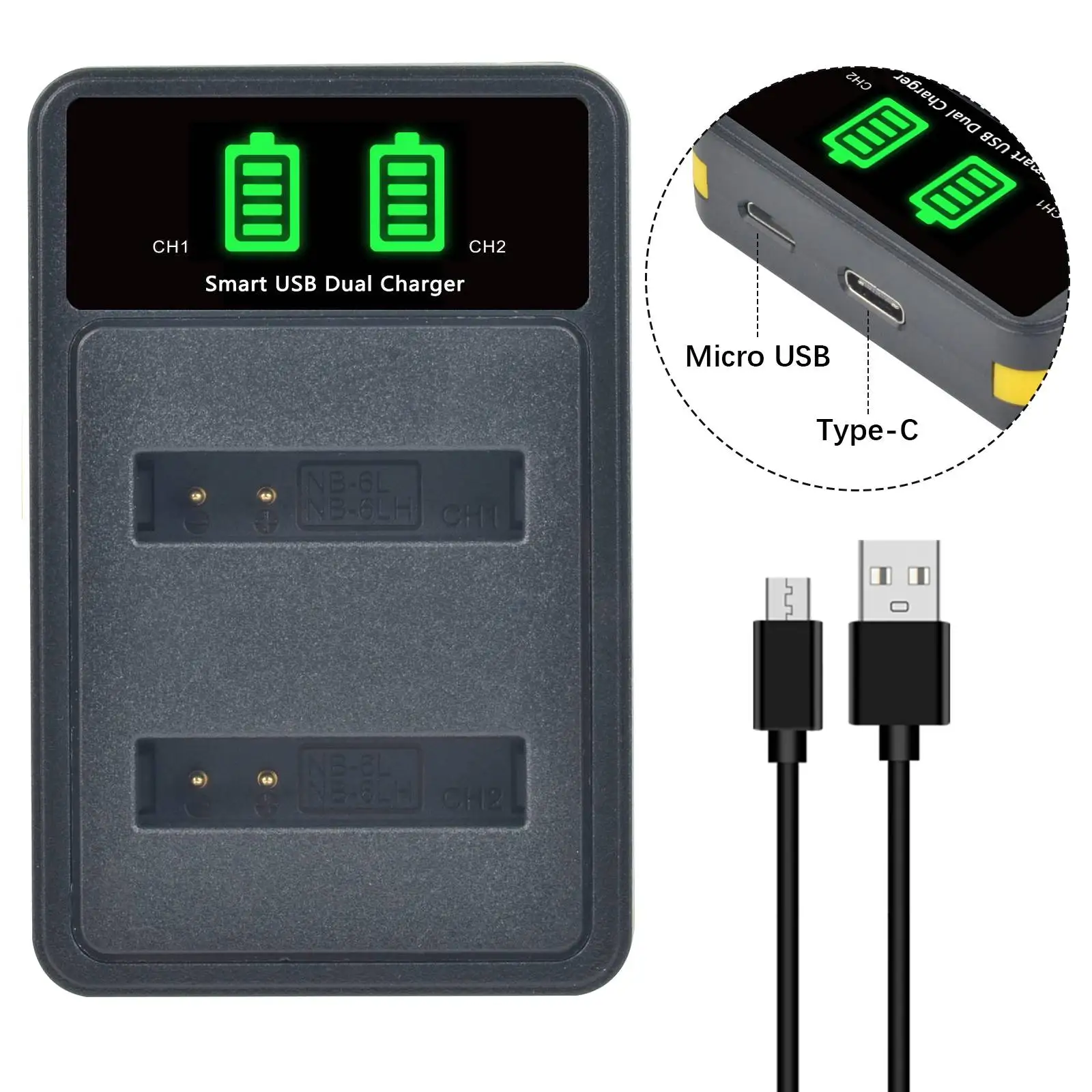 Batmax-Batería de NB-6L NB 6L, cargador Dual USB LED con puerto tipo C para Canon SX520 HS SX530 SX600 SX610 SX700 SX710 IXUS 85, NB-6LH - imagen 3