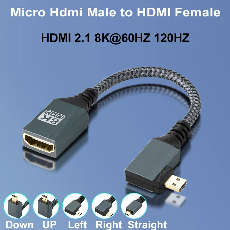 15cm 8K/60Hz/122Hz Microhdmi Micro macho a hembra adaptador Compatible con HDMI Cable de ángulo recto/izquierdo/arriba/abajo para ordenador portátil no