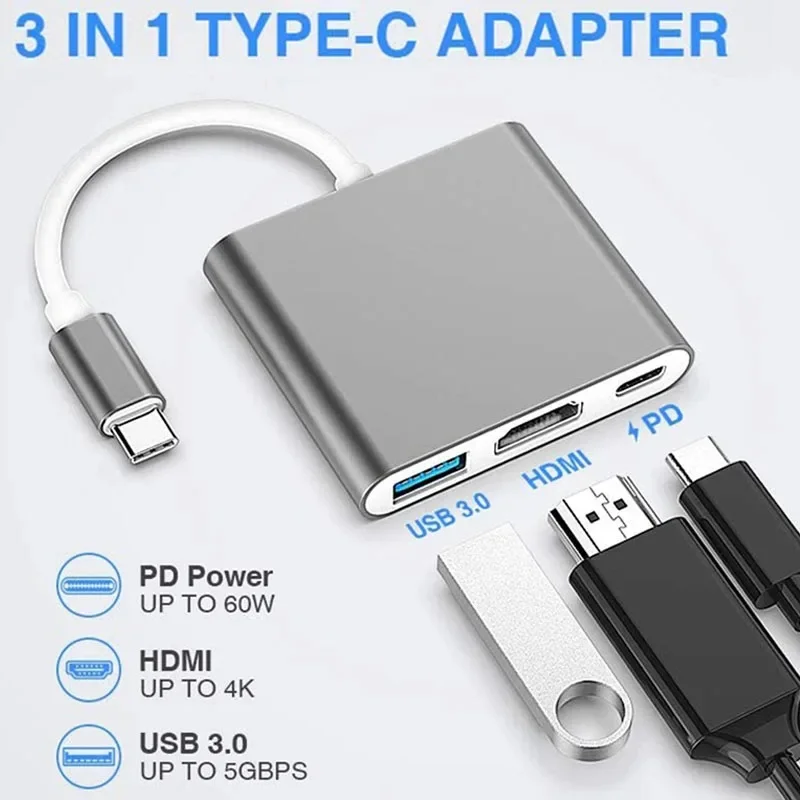 Hub USB C 3 en 1 tipo C a HDMI 4K PD, adaptador de estación de acoplamiento de carga rápida, divisor para MacBook, teléfono, PC, accesorios de ordenador