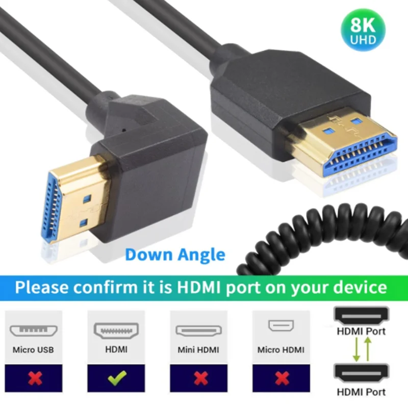 Cable en espiral HDMI de 90 grados 8K, cable en espiral HDMI macho a macho en ángulo extremo fino hacia abajo, cable HDMI corto de alta velocidad 48Gbps - imagen 2