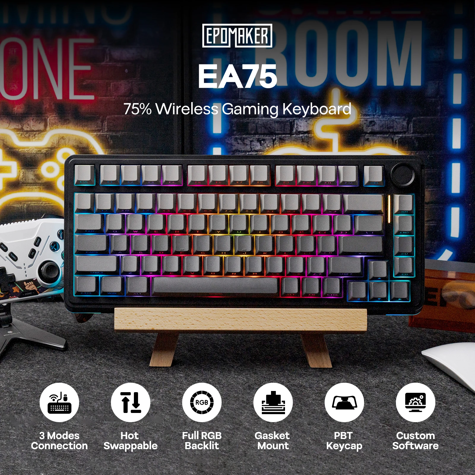 EPOMAKER EA75 75% Diseño QWERTY de EE. UU. Teclado mecánico inalámbrico con cable/2,4 GHz/Bluetooth montado en junta intercambiable en caliente retroiluminación RGB - imagen 2