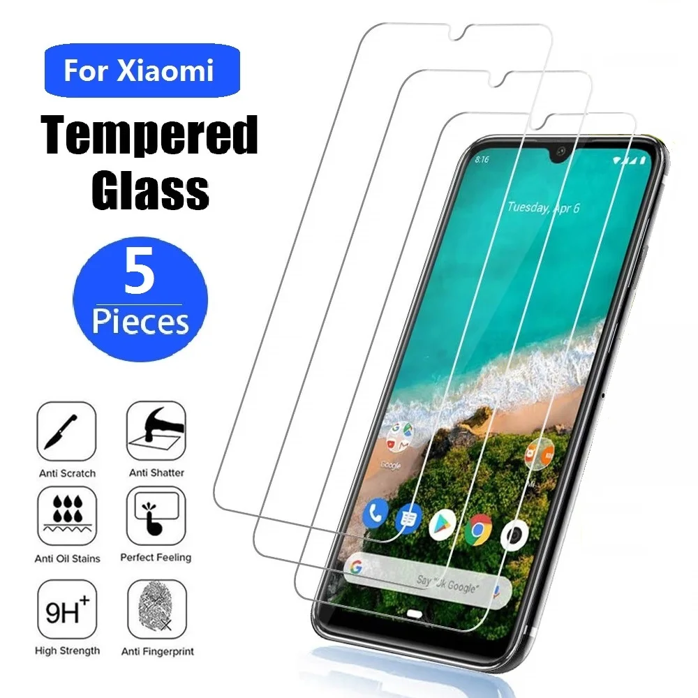 5 uds vidrio templado para Xiaomi Mi 9 8 SE 9T Pro Max 9 8 A3 A2 Lite 6 6X Mix 3 Play Protector de pantalla