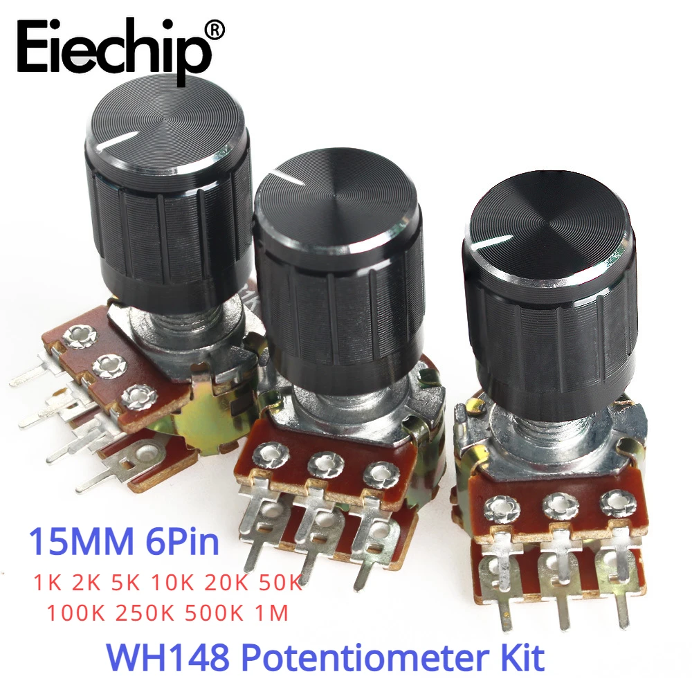 Kit de potenciómetro WH148, tapas de perilla negras, 15MM, 6 pines, 1K, 2K, 5K, 10K, 20K, 50K, 100K, 250K, 1M, 15x17mm, 5 unidades por juego