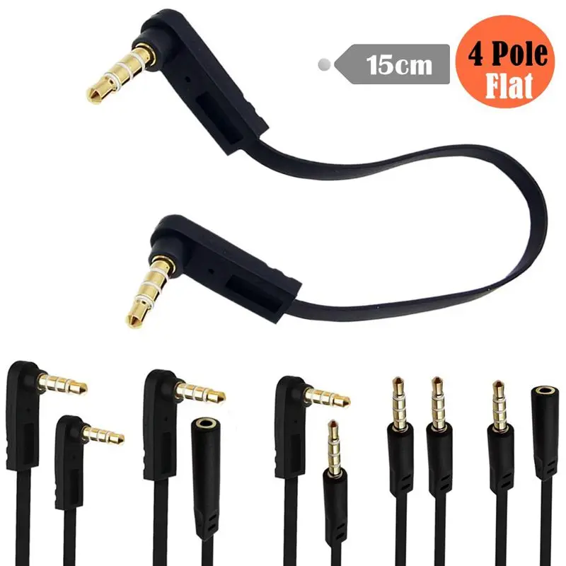Alta Elasticidad Plano 90 °   Bend DC3.5mm Cable de grabación de audio para teléfono móvil macho hembra de 4 polos, cable auxiliar de audio y vídeo para automóvil