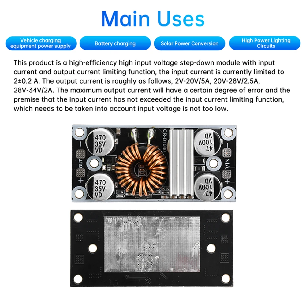 Módulo de potencia Buck de alta potencia DC-DC, convertidor CC de eficiencia 95%, salida de alta corriente, placa Buck de alto voltaje, 100V a 5V/12V/24V 8A - imagen 5