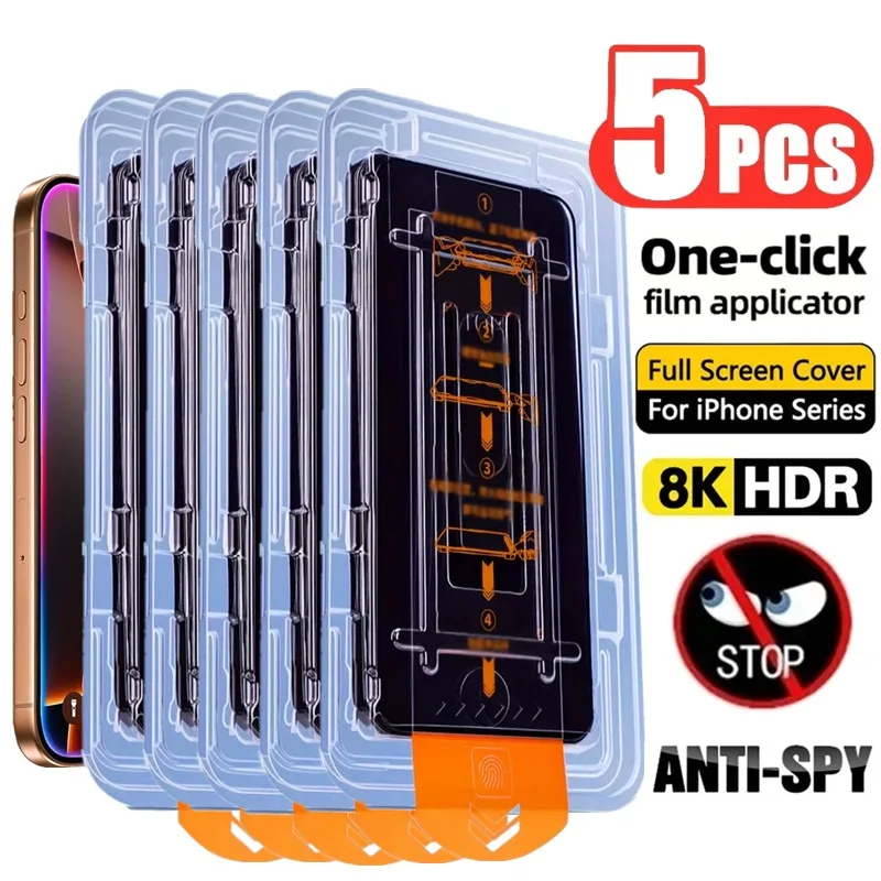 5 uds 8K sin polvo instalar vidrio templado de privacidad para iPhone 17 16 15 14 13 11 12 Pro Max Plus X XR XS Protector de pantalla antiespía