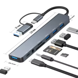 Hub USB C de aluminio 8 en 1 con lector de tarjetas USB 3.0 2.0 SD/TF Puertos auxiliares de 3,5 mm - 1 X USB 3.0 3 X USB 2.0 1 X USB C