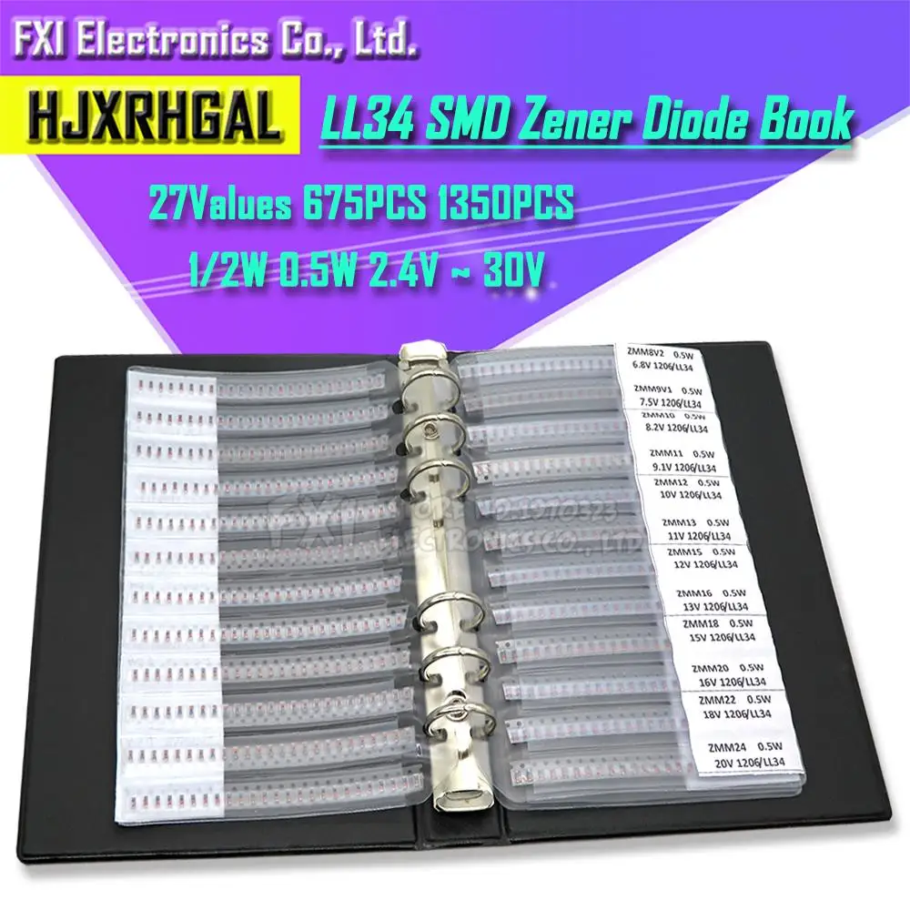 27 valores 675/1350 Uds LL34 SMD libro de diodos Zener 1/2W 2,4 v ~ 30v paquete surtido Kit 0,5 W libro de muestra Kit de muestra común
