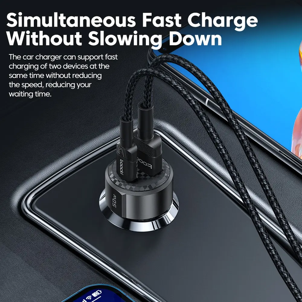 Cargador de coche Toocki, cargador de carga rápida de 50W, cable USB A a tipo C de 66W para iPhone 11 12 13 14, Xiaomi, Cargador rápido de Samsung - imagen 3