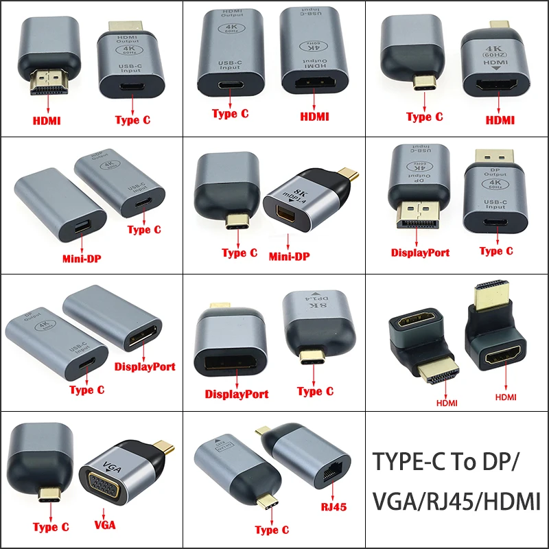 1 Uds USB TYPE-C a HDMI/MiniDP/DP/VGA/RJ45 conector adaptador macho hembra 4K 8K 60Hz para ordenador portátil MacBook TV Box PS5 Switch Galaxy