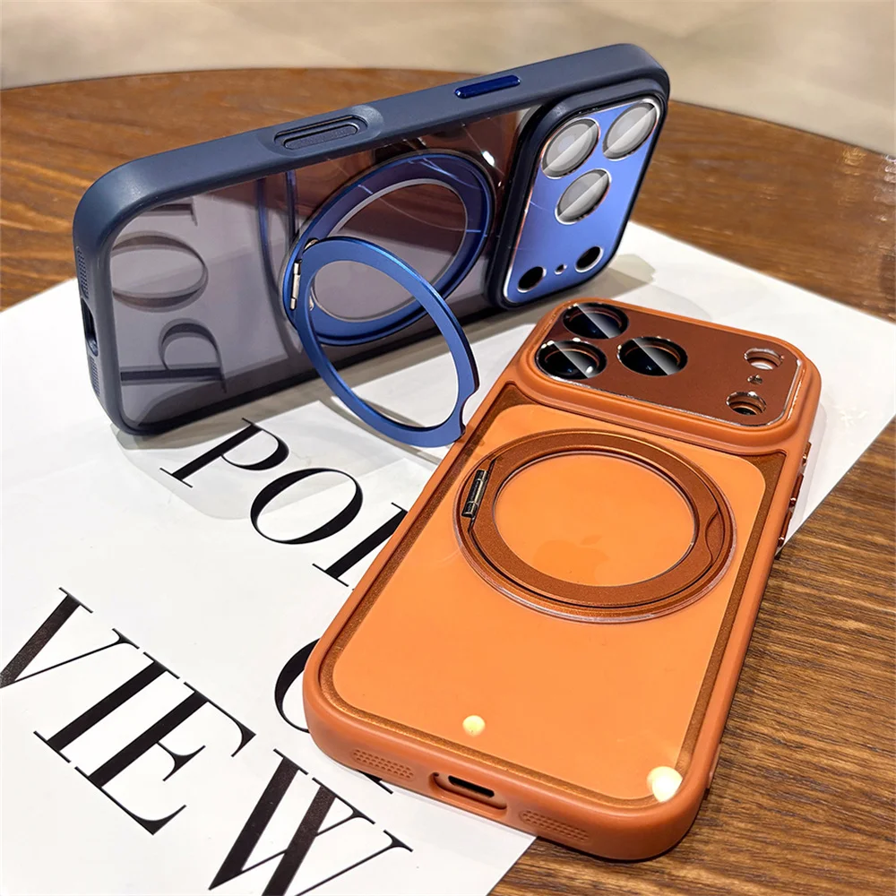 Soporte de aleación de aluminio soporte giratorio funda de teléfono magnética para iPhone 17 16 14 15 13 12 Pro Max protección de lente de aire cubierta transparente - imagen 4