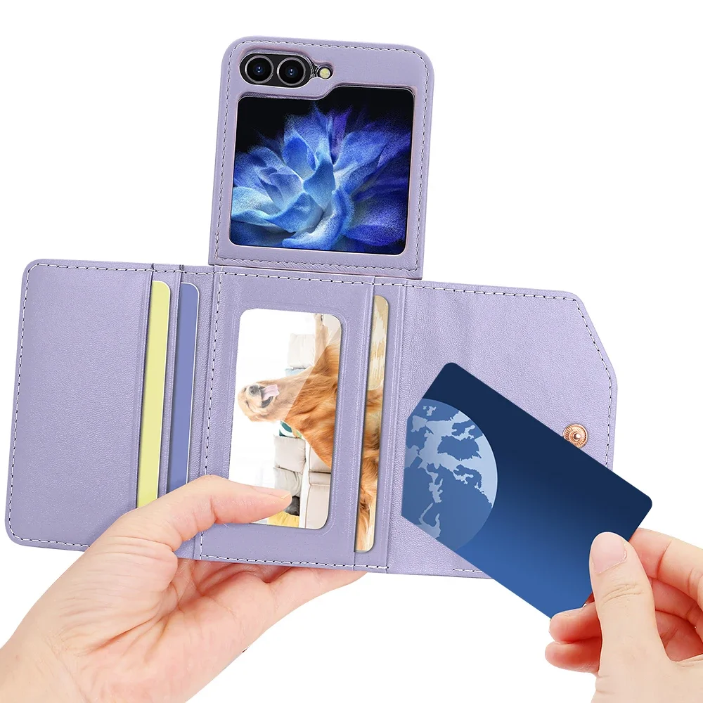 Funda de cuero con cordón para Samsung Galaxy Z Flip 6, 5, 4, 3, 5G, Flip6, Flip5, correa de diamante, Triple pliegue, monedero - imagen 5