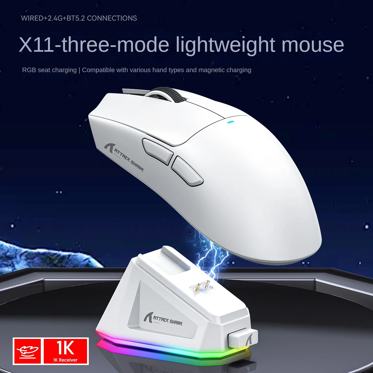 Ratón inalámbrico Bluetooth Attack Shark X11, base de carga magnética de modo Triple RGB PAW3311, ratón para juegos de paso ultraligero