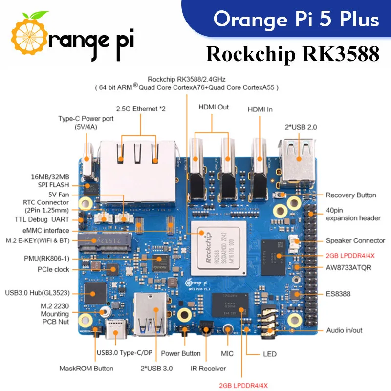 Ordenador de placa única Orange Pi 5 Plus, módulo PCIE RK3588 externo Wifi6.0 + BT5.0 SSD naranja Pi5 Plus Run Android Debian - imagen 2