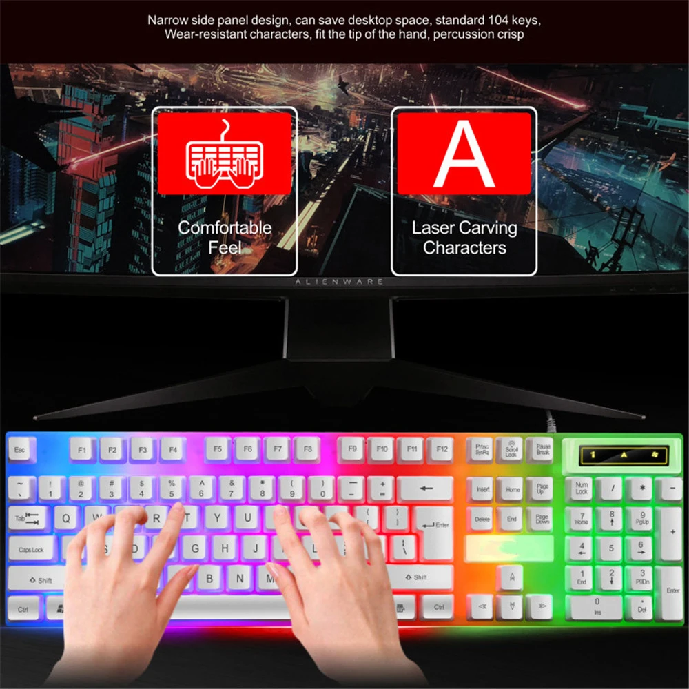 Juego de teclado y ratón con cable para oficina y negocios, iluminación colorida, ergonómico, Accesorios para ordenador portátil y PC, 104 teclas - imagen 2
