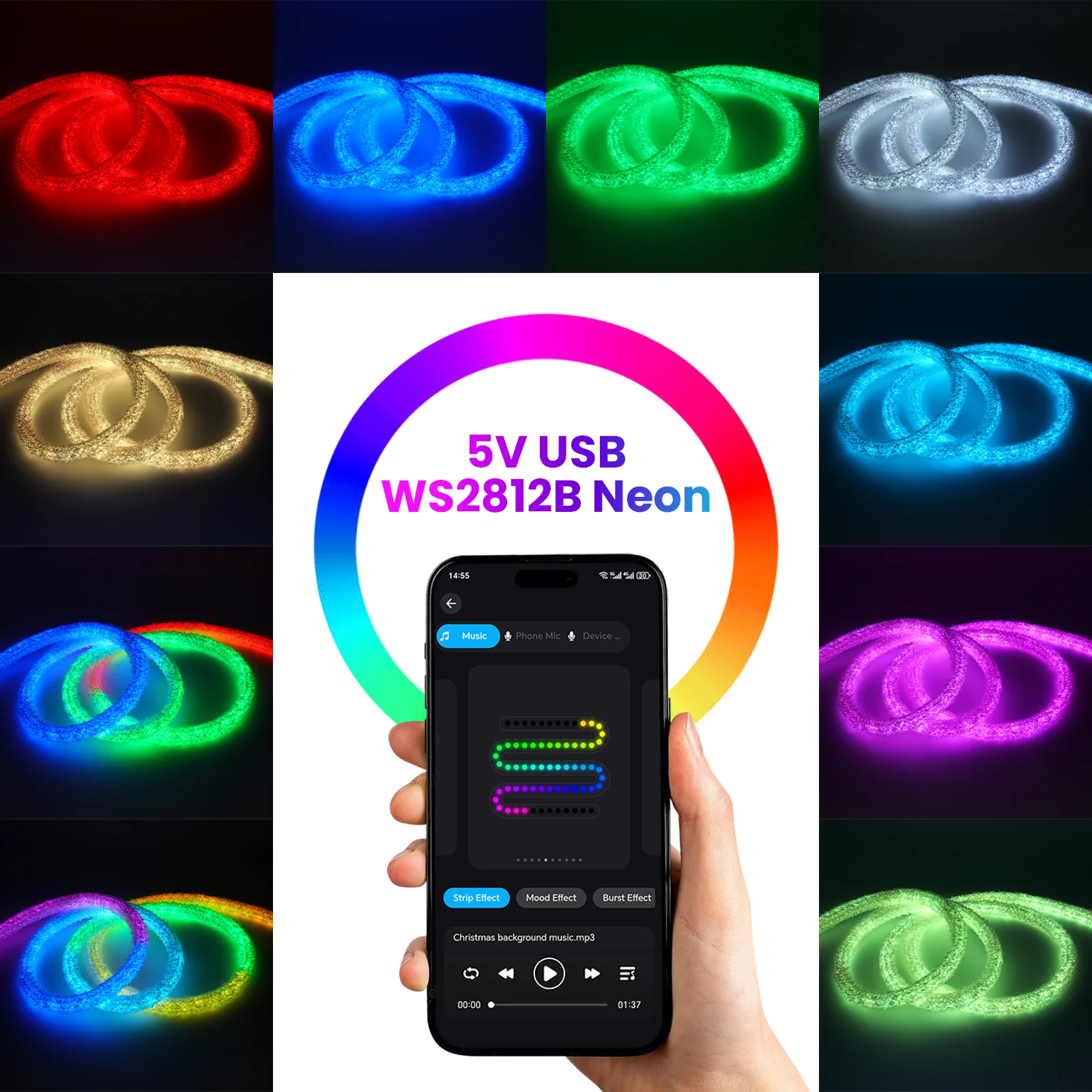 Tira de LED de neón redonda DC5V WS2812B, luz de píxel de neón Led Flexible RGB inteligente de 360 grados, Control por aplicación direccionable IP67 y Kit de 24 teclas - imagen 3