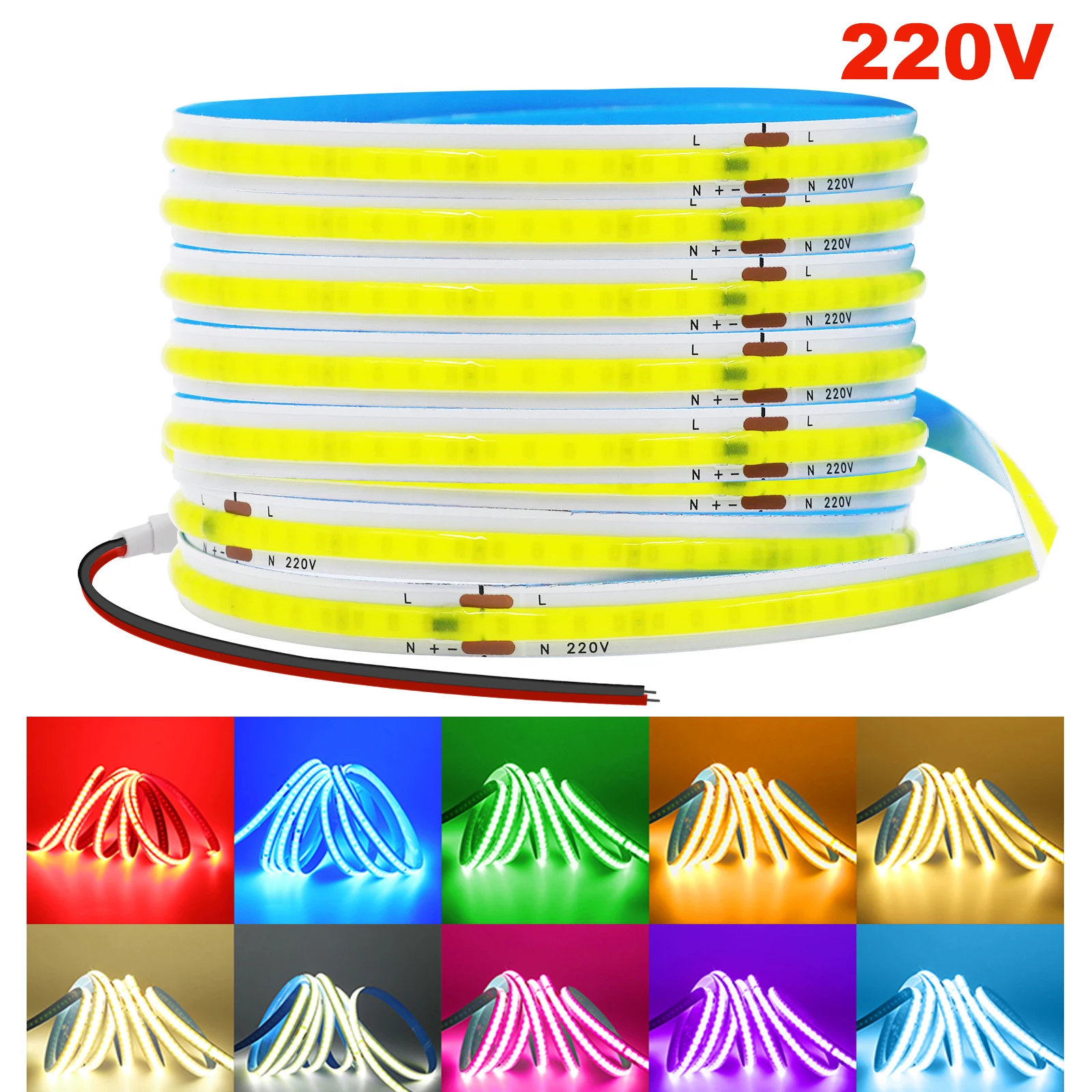Tira de luces LED COB de 220V, sin necesidad de controlador, 240LEDs/m, 5m, 10m, 15m, 20m, cinta de luz lineal roja/azul/verde/rosa/blanca para iluminación del hogar - imagen 2