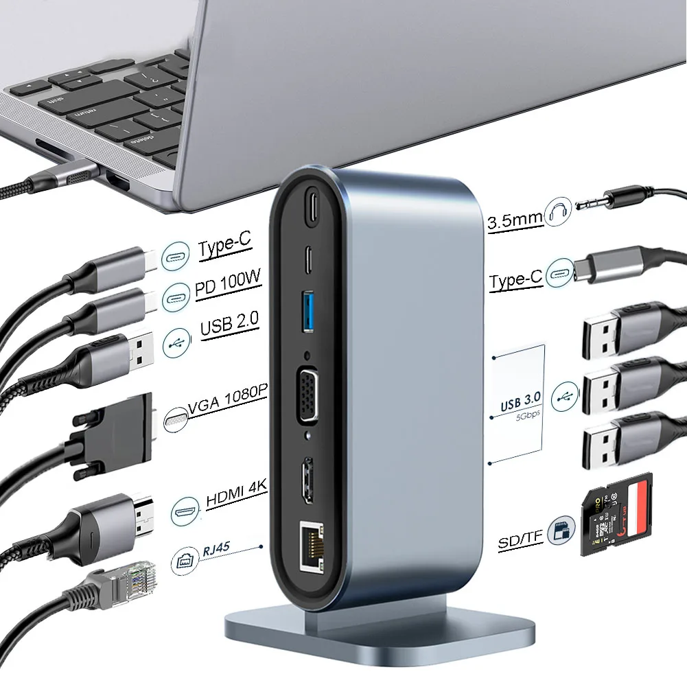 Estación de acoplamiento de concentrador USB C 12 en 1, adaptador compatible con HDMI, 4K, 30Hz, PD, 100W, tipo C, divisor USB 3,0 para ordenador portátil, MacBook Pro Air