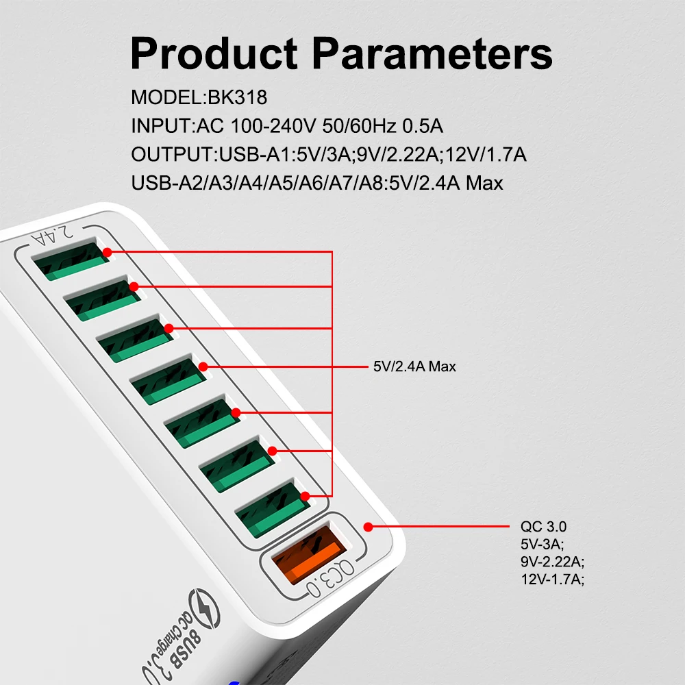 Cargador USB de carga rápida QC4.0 de 8 puertos UE EE. UU. KR QC 3,0 pared de carga rápida para adaptador de teléfono para iPhone 15 Xiaomi Huawei Samsung - imagen 4