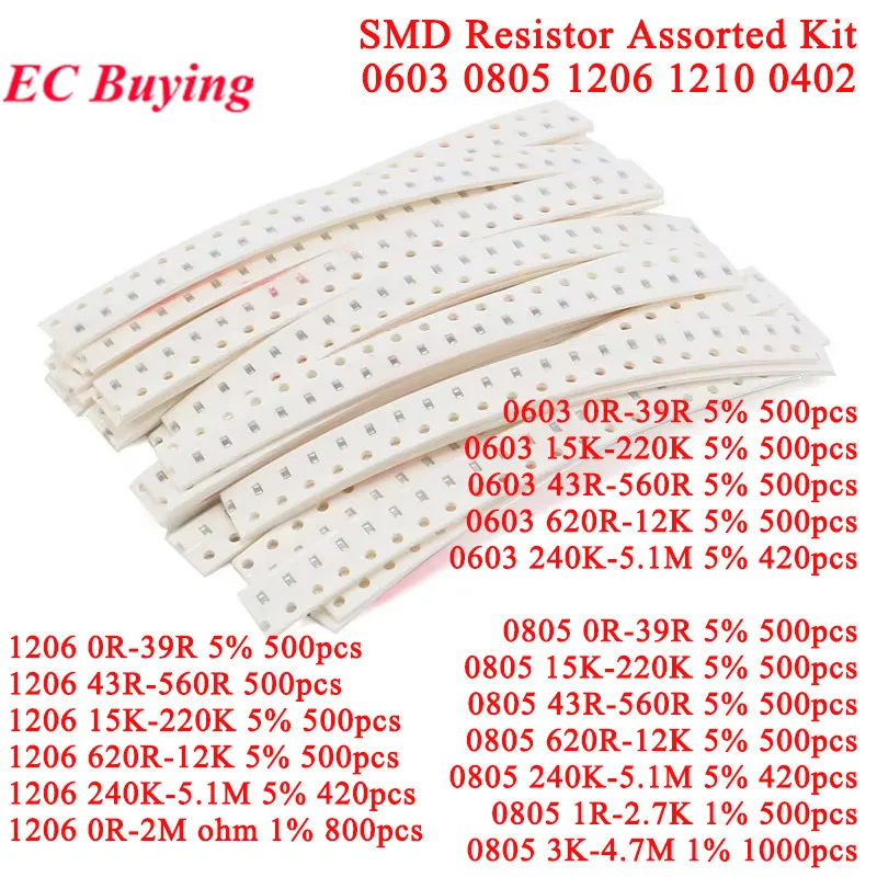 420 UDS-1000 Uds SMD 1206 0603 0805 1210 0402 Kit de resistencias surtido 5% 1% 0R-39R 43R-560R 620R-12K componente electrónico de resistencia