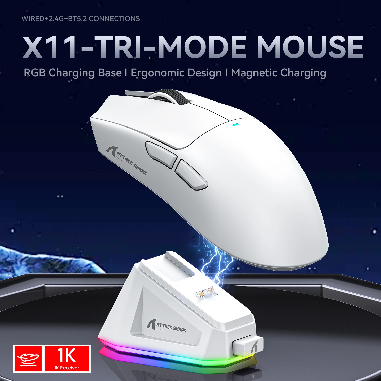 X11 Attack Shark Gaming Mouse inalámbrico 1K Hz PAW3311 Macro magnético RGB cargador de acoplamiento para juegos - imagen 3
