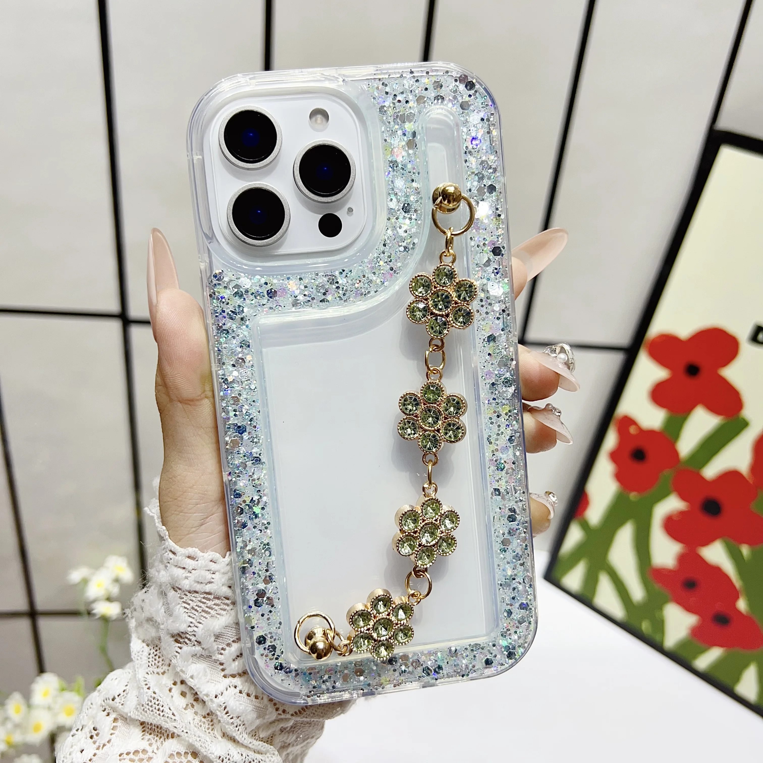Funda de teléfono con purpurina y pulsera de flores para Samsung A54 A34 A24 A14 A04S A13 A23 A52 A12 A22 A32 A51 funda de silicona suave a prueba de golpes - imagen 5