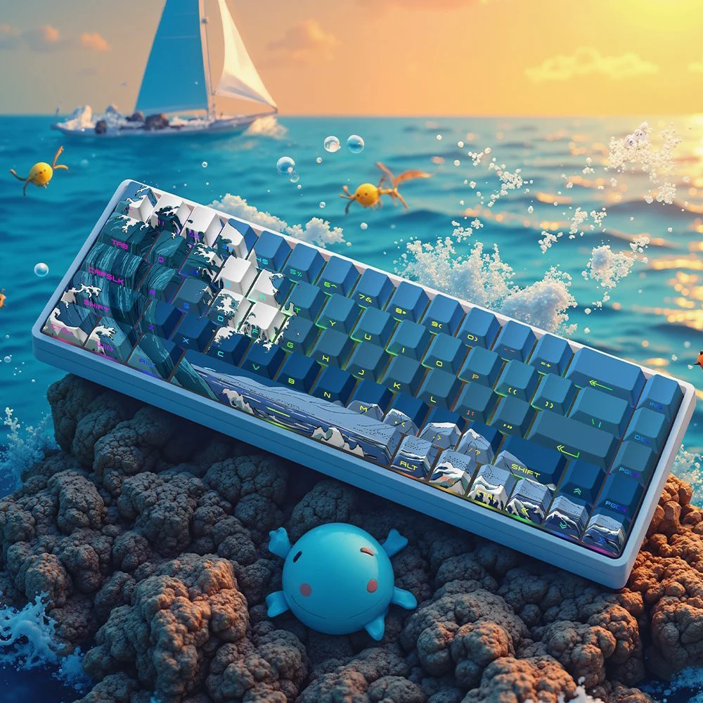 Teclas PBT de sublimación de tinte de onda de mar azul, 129 teclas retroiluminadas RGB con retroiluminación lateral, perfil de cereza para interruptores MX, Teclado mecánico - imagen 4