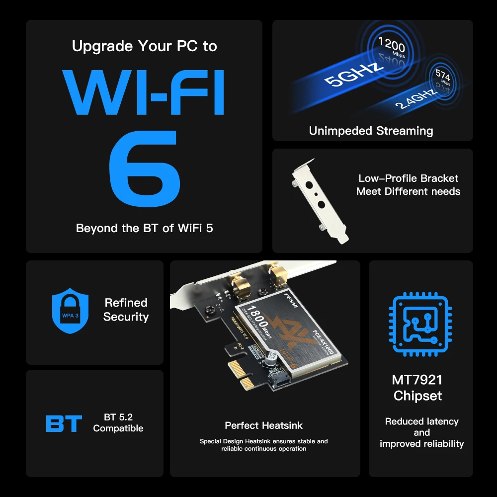 FENVI AX1800 WiFi 6 adaptador BT 5,2 1800Mbps PCIE adaptador inalámbrico de doble banda 5Ghz/2,4G 802.11AX MT7921 Wi-Fi 6 tarjeta para Win 10/11 - imagen 2