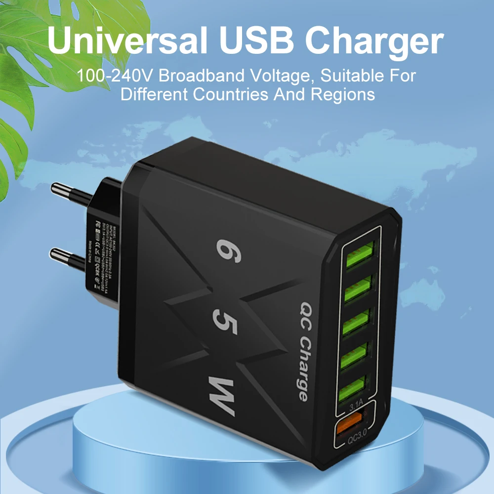 Cargador USB de 6 puertos de carga rápida, adaptador de teléfono móvil para iPhone 14, Samsung, Xiaomi, enchufe de la UE, KR, EE. UU., Reino Unido, 65W, QC3.0 - imagen 4